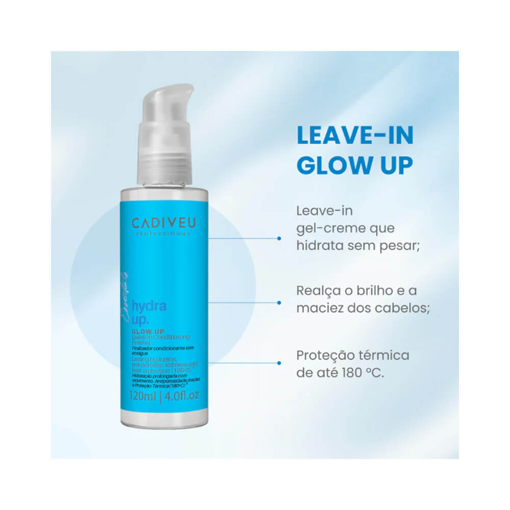 Leave-in Cadiveu Essentials Hydra Up 120ml com fundo azul claro, destacando brilho e maciez